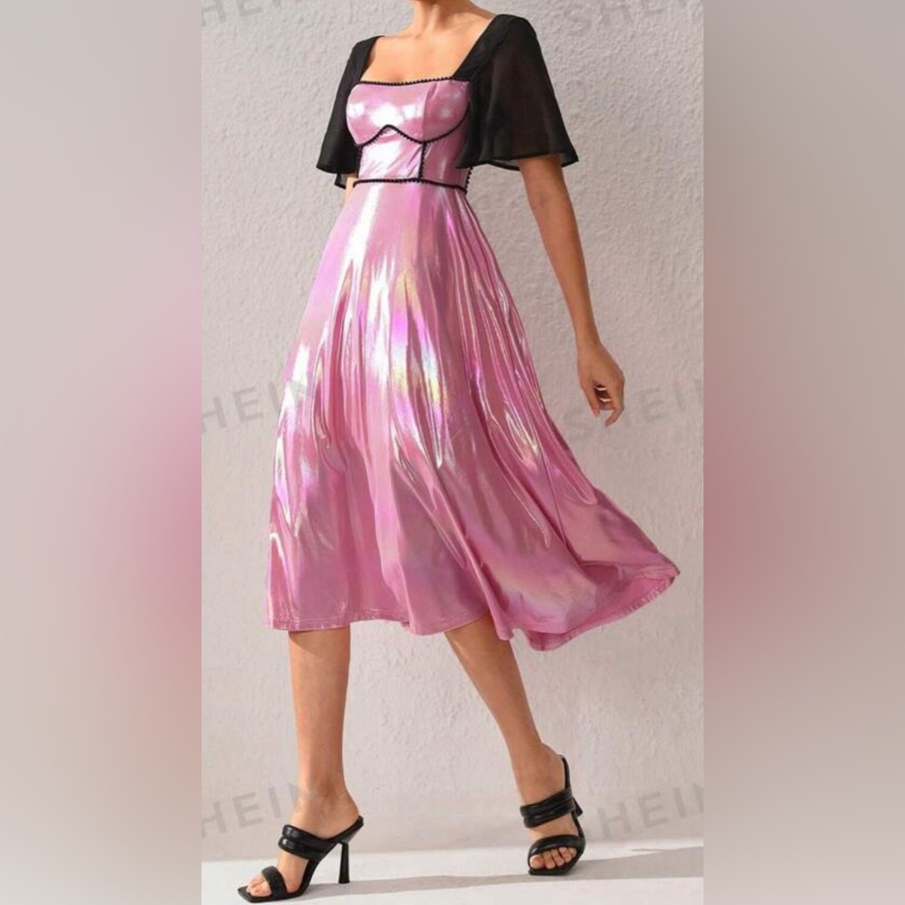 Beaded Corset Detail Iridescent Pink Cap-Sleeve Dress